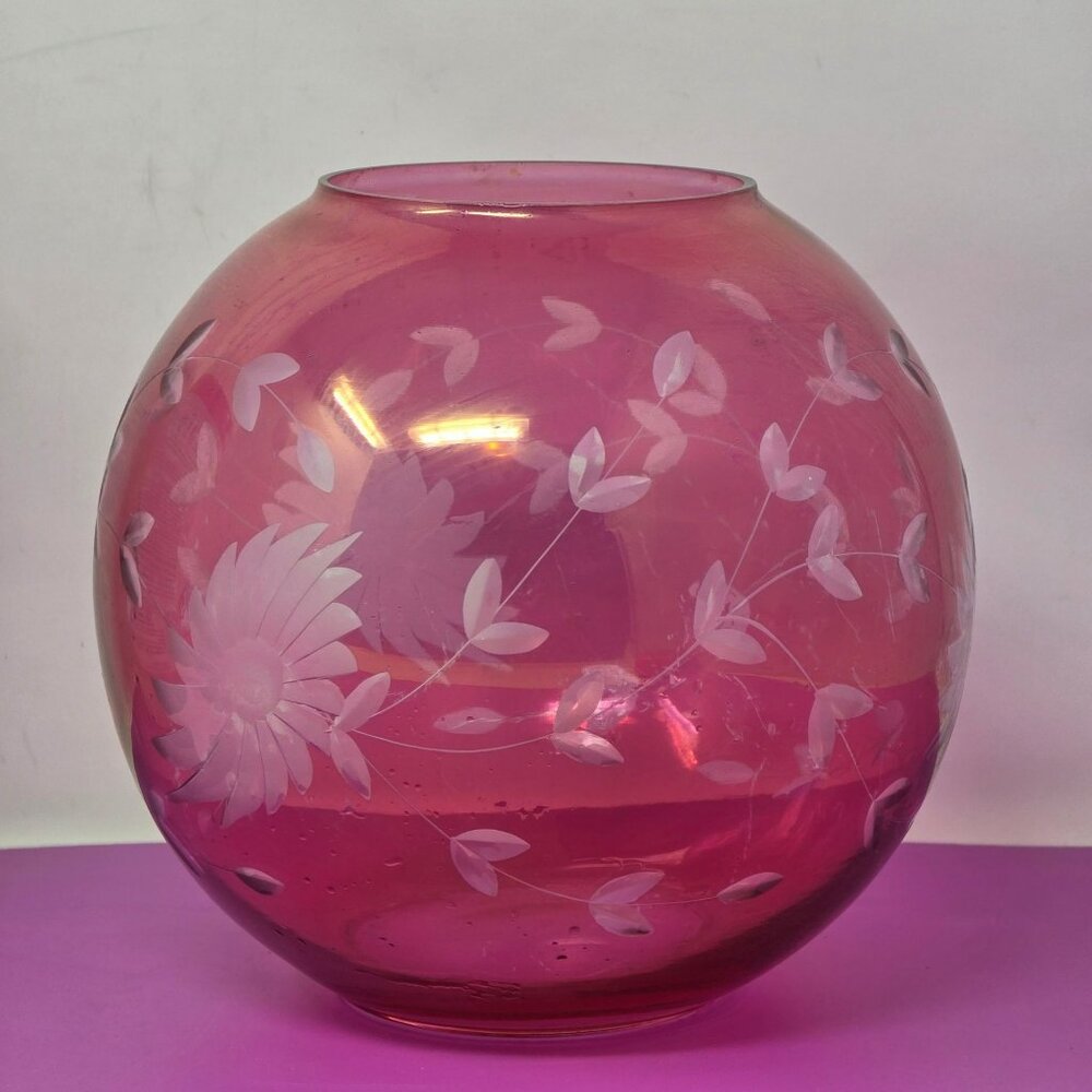 Vintage Pink Glass‎ Fish Bowl Vase With Etched Floral & Leaf Design MCM